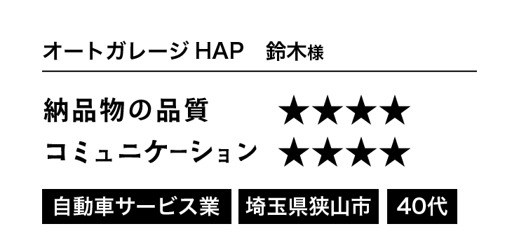 オートガレージHAP 鈴木様 納品物の品質：星4、コミュニケーション：星4
